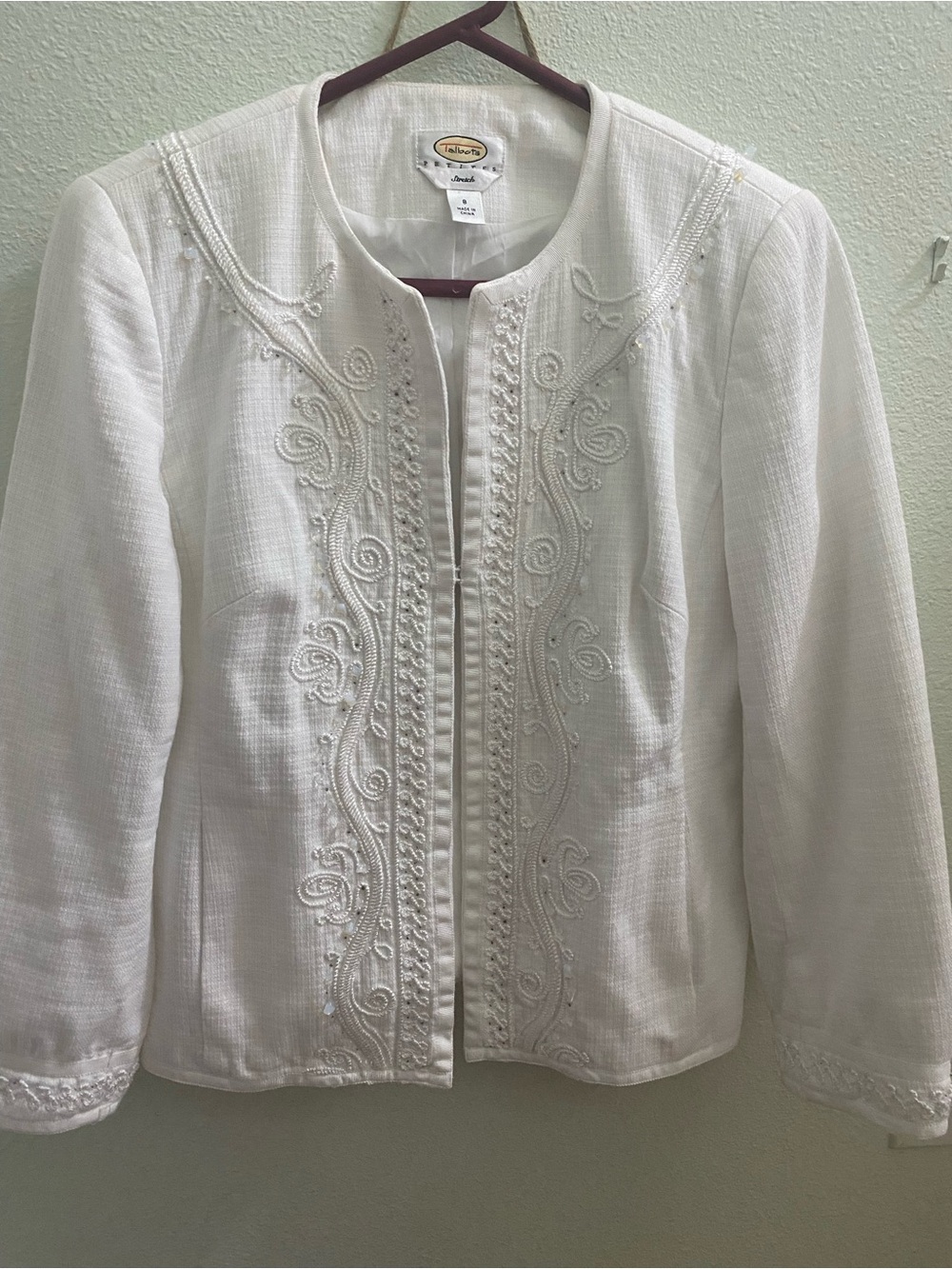 Talbots White Embroidered Open-Front Blazer